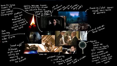 In this analysis poster we see a selection of films which include the Thriller Genre. IT talks about lighting, camera angles/shot sizes, and a little bit about mise-en-scene. Every point is associated with the conventions of Thriller and how these specific things help make the film a Thriller. Film Analysis, Film Class, Film Ideas, Types Of Shots, Camera Angles, Thriller Film, Moving Image, Movie Scenes, Teaching Ideas