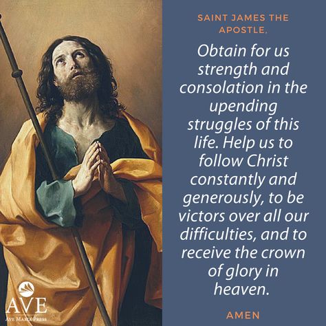 Saint James the Apostle,   Obtain for us strength and consolation in the upending struggles of this life. Help us to follow Christ constantly and generously, to be victors over all our difficulties, and to receive the crown of glory in heaven.   Amen  St. James the Apostle, pray for us!   #saintjames #stjames #stjamestheapostle #catholicsaints #feastdays Saint James The Apostle, St James The Apostle, Recipe Binder Printables, Crown Of Glory, St James The Greater, Binder Printables, Saint Quotes Catholic, Recipe Binder, St Anne