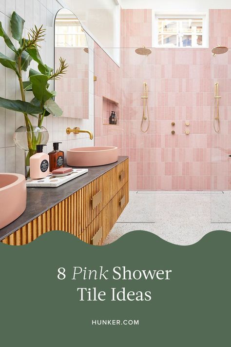 Pale Pink Tiles Bathroom, Soft Pink Bathroom Tile, Pink Shower Tile Ideas, Pink Shower Bathroom, Pink Shower Room Ideas, Pink Tiles Bathroom Ideas, Modern Pink Tile Bathroom, Masculine Pink Bathroom, Pink And White Tile Bathroom