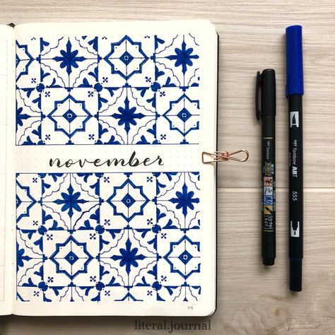 Patterns are incredibly beautiful and soothing to draw. Try one of these pattern cover page ideas in your next bullet journal monthly setup. Bullet Journal November Cover Page, November Cover Page, Kalender Design, Bullet Journal Cover Page, Bullet Journal Mood, Bullet Journal Aesthetic, Portuguese Tiles, Bullet Journal Notebook, Bullet Journal Themes