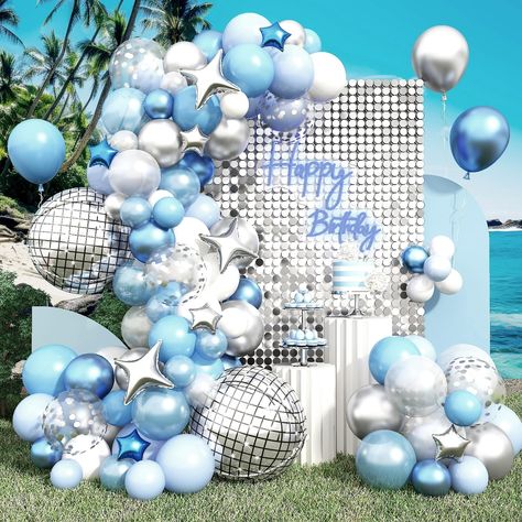 PRICES MAY VARY. ✨Coordinated Party Decorations: 22-inch Disco Foil Balloon x 2, 10-inch Four-Pointed Star Foil Balloon x 3, 5-inch Four-Pointed Star Foil Balloon (Silver x3, Dark Blue x3), 12-inch Balloon (Silver Confetti x6, White x8, Macaron Blue x5), 10-inch Balloon (Pearl Light Blue x10, Metallic Blue x8, Silver x8, Pearl White x8, Macaron Blue x5, Light Blue x8), 5 inch Balloons (Silver x5, Metallic Blue x5, Macaron Blue x5, White x5), 1 x Balloon Garland Strip, 2 x Rolled Balloon Glue Dot Blue Star Themed Party, Blue Bday Party, Blue And Silver Balloon Garland, Blue And White Balloon Garland, 80s Disco Party, Disco Ball Balloons, Blue Party Themes, Blue Balloon Arch, Ball Balloons