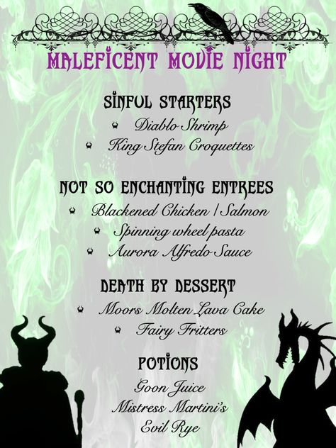 Maleficent Dinner And A Movie, Twitches Movie Dinner, Maleficent Movie Night, Halloween Movie Food And Fun, Pixar Dinner And Movie Night, Addams Family Movie Night Food, Themed Movie Night Ideas Food, Disney Dinner And A Movie Ideas, Halloween Movie Themed Dinner Ideas