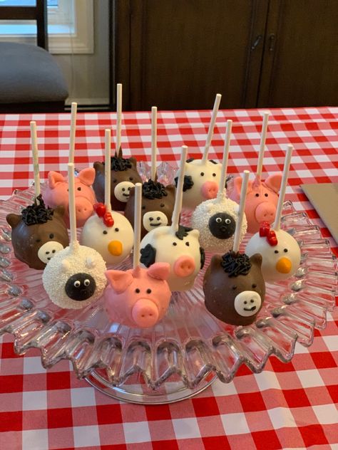 Barnyard Cake Pops, Farm Animal Cake Pops, Farm Animal Cake, Mulan Birthday, Animal Cake Pops, Barnyard Cake, Barn Cake, Barnyard Theme, Farm Animal Cakes