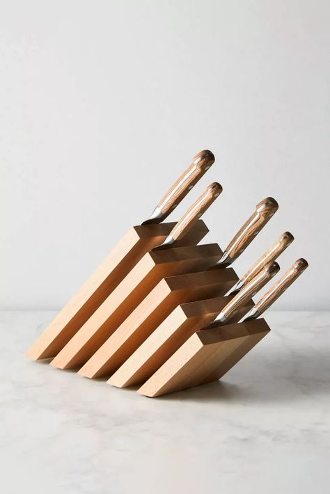 ZWILLING Slanted Beechwood Magnetic Knife Block | Urban Outfitters Knife Block Diy, Magnetic Knife Block, Knife Display, Magnetic Knife Blocks, Knife Blocks, Knife Stand, Knife Rack, Wooden Knife, Knife Storage