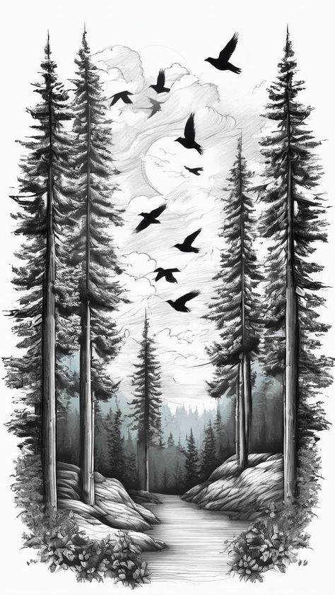 Tree Line Tattoo Design, Black And White Nature Tattoo, Drawn Tattoos, Bear In Forest, Forest Tattoo Sleeve, Scenery Tattoo, Nature Tattoo Ideas, Tree Sleeve Tattoo, Forest Sketch