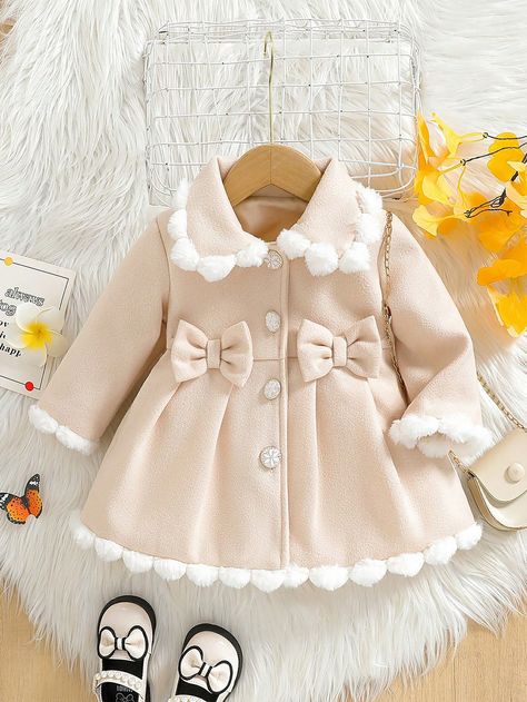 Baby Girls' Woolen Coat With Fur Collar And 3D Bowknot, Autumn And Winter Apricot   Long Sleeve Fabric Colorblock,Plain Other Non-Stretch  Baby Girls Clothing, size features are:Bust: ,Length: ,Sleeve Length: Winter Clothes For Baby Girl, Winter Baby Clothes Girl, Baby Girl Winter Dress, Baby Girl Winter Clothes, Baby Winter Dress, Fabric Fur, Coat With Fur Collar, Girls Winter Dresses, Baby Girl Clothes Winter