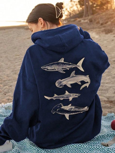 Retro Hammerhead Shark Hooded Sweatshirt, Men's Graphic Hoodie Shirt, Ocean Marine Life Clothing Gift For Shark Lovers, Nature Top Navy Blue Casual  Long Sleeve Fabric Animal,Figure Pullovers Slight Stretch  Women Clothing, size features are:Bust: ,Length: ,Sleeve Length: Shark Shirt Design, Marine Clothes, Ocean Clothes, Ocean Marine Life, Shark Stuff, Shark Sweatshirt, Shark Hoodie, Shark Gifts, Hooded Sweatshirt Men