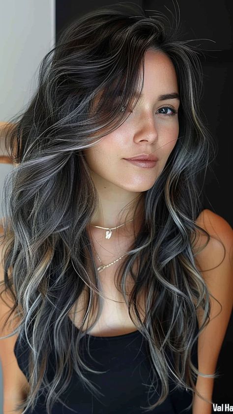 Silver Symphony: 25 Trendy Silver Hair Color Ideas for Your Stunning Look Grey Balayage Black Hair, Black And Ash Highlights, Dark Hair Grey Streak, Long Dark Hair With Gray Highlights, Black And Grey Balayage Hair, Silver Hair Brunette, Black Hair With Few Highlights, Silver Dark Hair, Subtle Gray Highlights On Dark Hair