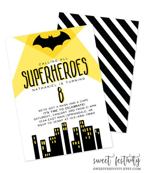 Batman Invitation  Batman Party  Superhero by SweetFestivity Batman Party Supplies, Batman Invitations, Superhero Invitations, Batman Theme, Batman Stuff, Disney Cars Birthday, Batman Birthday Party, Turning 40, Batman Party