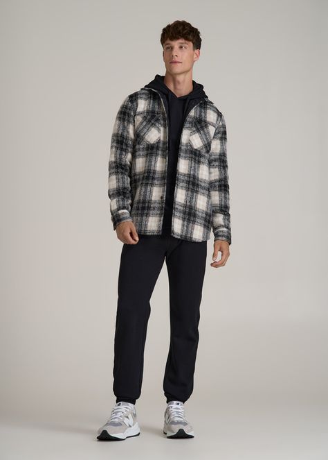 A Flannel Overshirt Built for the Tall Outdoorsman Flannel That Fits Your Tall Frame Embrace the outdoors in style with our Heavyweight Brushed Flannel Overshirt. Designed for the tall guy who loves a bit of adventure, this shirt for tall men combines warmth with functional fashion. The heavyweight flannel is pre-washed to prevent shrinkage and ensure a consistent fit, making this men's tall shirt the ideal layer for cooler days. Double chest patch pockets and a banded collar add to its rugged a Flannel Jacket Outfit, Men Flannel Outfits, Flannel Shirt Outfit, Mens Winter Fashion Outfits, Shirt Outfit Men, Classy Outfits Men, Flannel Outfits, Tall Men, Mens Flannel Shirt