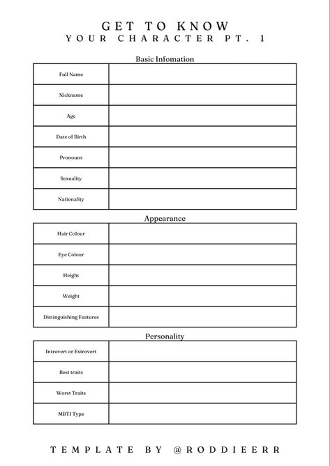 I made these sheets to help you get to know your character, whether you're writing a book or just creating an OC! You can find pt. 2 on my profile :) How To Plan Book Characters, Book Character Profile, Basic Character Profile, Book Character Sheet Template, Character Dossier Template, Oc Character Profile Template, Book Character Planning Sheet, Character Template Writing Novels, How To Create A Character Profile