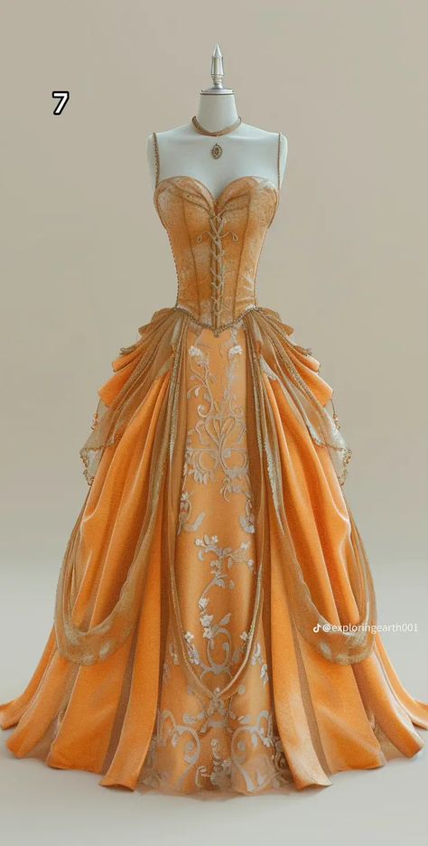 Fantasy Dress Orange, Orange Royal Dress, Sun Princess Dress, Orange Gown Aesthetic, Sew Ball Gown, Orange Princess Aesthetic, Yellow Princess Gown, Orange Ballgown, Orange Princess Dress