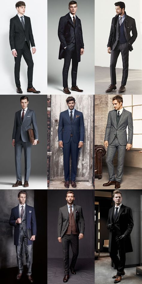 Brown Shoes With Grey, Navy And Black Suits - Outfit Inspiration Lookbook Suit Outfit Ideas Men, Black Suit And Brown Shoes For Men, Brown Shoes With Black Suit, Black Suit Shoes Men, Dark Brown Shoes Men Outfit, Black Suit Styles For Men, Black Suit Outfit Men, Black And Brown Suit, Dark Grey Suit Men