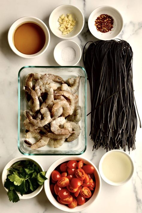 Squid Ink Pasta Recipe with Shrimp and Cherry Tomato Sauce - CucinaByElena Squid Ink Pasta With Shrimp, Squid Ink Pasta Recipe Sauces, Squid Ink Pasta Dishes, Squid Ink Pasta Recipe, Pasta Receipes, Squid Ink Spaghetti, White Wine Pasta Sauce, Recipe With Shrimp, Ink Pasta