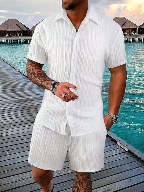 White Casual Collar Short Sleeve  Plain  Embellished Non-Stretch  Men Clothing Mens Beach Style, Striped Pant, Summer Vacation Outfits, Safety Clothing, New Mens Fashion, Seluar Pendek, Streetwear Summer, Mens Workout Clothes, Herren Outfit