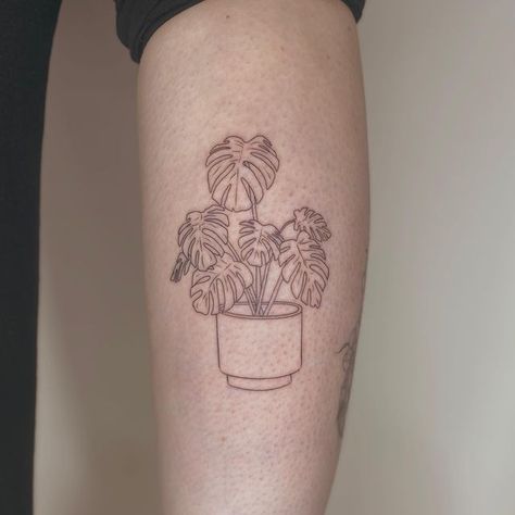 Potted Monstera Tattoo, Fine Line Plant Tattoo, 00 00 Tattoo, Potted Plant Tattoo, Monstera Deliciosa Tattoo, Monstera Tattoo Design, 00:00 Tattoo, Flower Pot Tattoo, Monstera Plant Tattoo