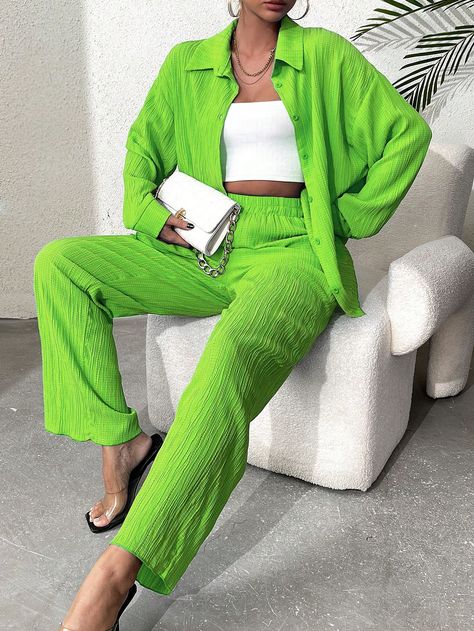 Women's Fluorescent Green Long Sleeve Pleated Shirt And Pants Set Lime Green Casual    Plain  Non-Stretch Spring/Fall Women Clothing, size features are:Bust: ,Length: ,Sleeve Length: Trousers Women Wide Leg, Drop Shoulder Shirt, Verde Lima, Pleated Skirt Dress, Beige Shirt, Faux Shearling Jacket, Cardigan Sweater Vest, Pleated Shirt, Faux Leather Dress