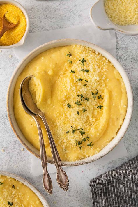 Cheesy Creamy Polenta - The Cheese Knees Cheesy Polenta, Cheese Polenta, Polenta Recipe, Polenta Recipes, Creamy Polenta, Boursin Cheese, Vegetarian Breakfast, Cereal Recipes, Short Ribs