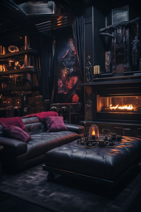 Goth Lounge, Goth House Interior, Covered Front Porch Ideas, Devils Daughter, Dark Home Aesthetic, Futuristic Apartment, Gothic Bar, Creative Office Decor, Dark Academia Home