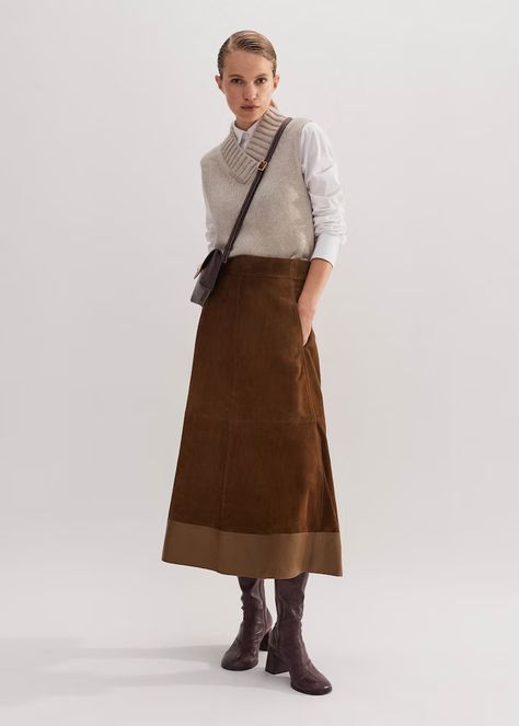 Women's Brown Suede Mix High-Waisted Midi Skirt | ME+EM Suede Maxi Skirt, Cream Knitwear, Brown Skirt Outfit, Suede Skirt Outfit, Brown Suede Skirt, Skirt Images, Reversible Skirt, Midi Skirt Outfit, Midi Flare Skirt