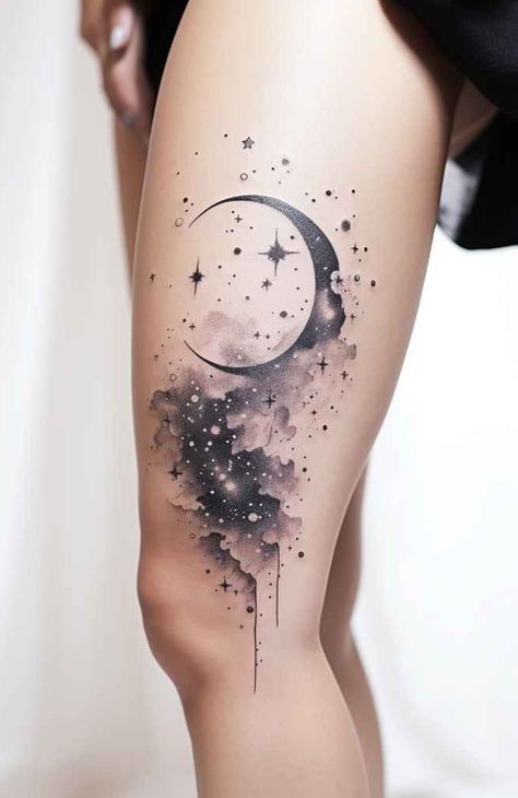 Sky And Moon Tattoo, Moons And Stars Tattoos, Back To Hip Tattoos Women, Star Leg Tattoos, Cosmic Tattoos For Women, Moon Stars Tattoo Designs, Night Sky Tattoos For Women, Moon And Constellation Tattoo, Galaxy Tattoo Design Black And Grey