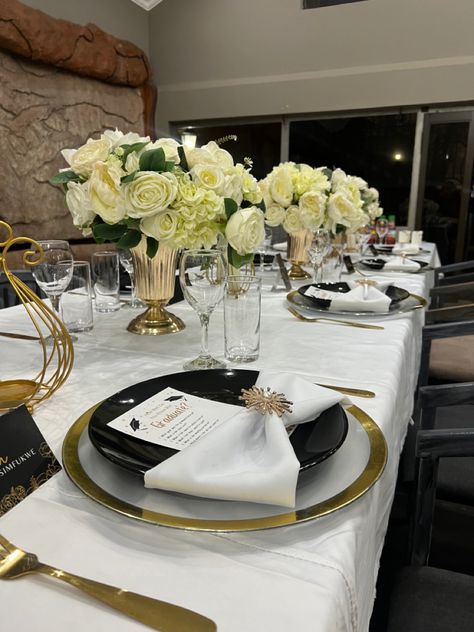 White gold and black decor small party graduation party Graduation Party Black And White, White And Gold Graduation Party Ideas, White And Black Graduation Party, Formal Graduation Party Ideas, Luxury Graduation Party, Black And Gold Grad Party, Black And Gold Graduation Party Ideas, White And Gold Graduation Party, White Grad Party