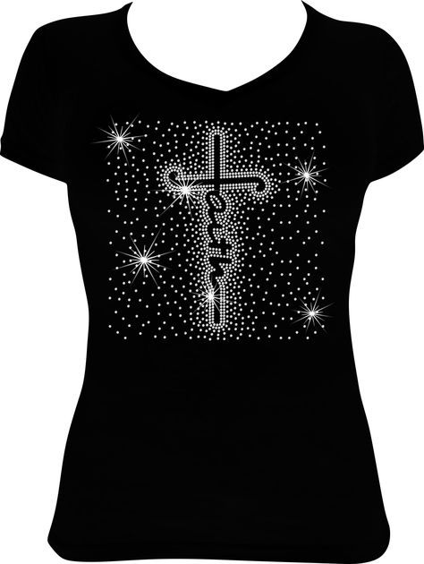 Celebrate with our 'Faith Scatter' Rhinestone Shirt. Our Shirts are fitted, so please check out our size chart prior to ordering to make sure you order the correct style and size. If you want your shirt a looser fit, please order a size up.   Your Design will be made with Crystal using our Brilliant Cut high-quality Rhinestones. Celebrate someone or with someone special in your life with our 100% custom-made rhinestone shirts. To make a purchase simply add this item to your cart. We don't accept Bling Shirts Rhinestones, Shirts To Make, Cut Shirt Designs, Rhinestone Designs Pattern, Bling Shirt, Rhinestone Shirt, Rhinestone Shirts, Bling Shirts, Faith Shirt