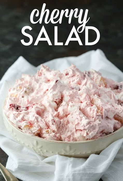 Cherry Salad - Super simple dessert with only six ingredients that you can whip up in a matter of minutes. Perfect for potlucks and parties! Cherry Salad Recipes, Curry Marinade, Dessert Salad Recipes, Cherry Fluff, Cherry Salad, Creamy Fruit Salads, Cherries Salad, Cherry Delight, Canning Cherry Pie Filling