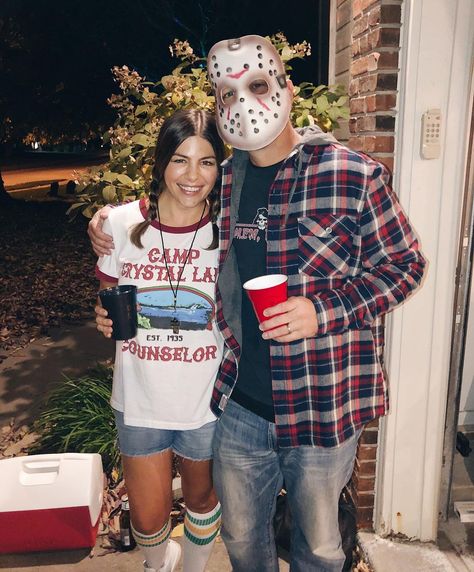 Camp Counselor Halloween Costume, Jason And Camp Counselor Costume, Carrie Couple Costume, Diy Jason Costume, Freddy And Jason Couple Costume, Camp Crystal Lake Counselor Costume, Friday The 13th Costumes, Camp Counselor Costume, Camp Costume