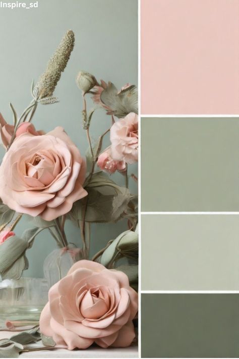 Green Pink Paint Palette, Sage Color Room Ideas, Green And Blush Pink Living Room, Paint For Walls Colors, Sage And Pink Palette, Sage And Pink Interior, Blush Pink And Green Bedroom Ideas, Colours That Compliment Sage Green, Sage Green And Blush Pink Color Palette