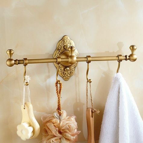 Bath Towel Storage, Brass Towel Bar, Bathroom Towel Storage, Brass Shelves, Wall Mounted Towel Rack, Bathroom Installation, Vintage Towels, Shower Organization, Vintage Shelf