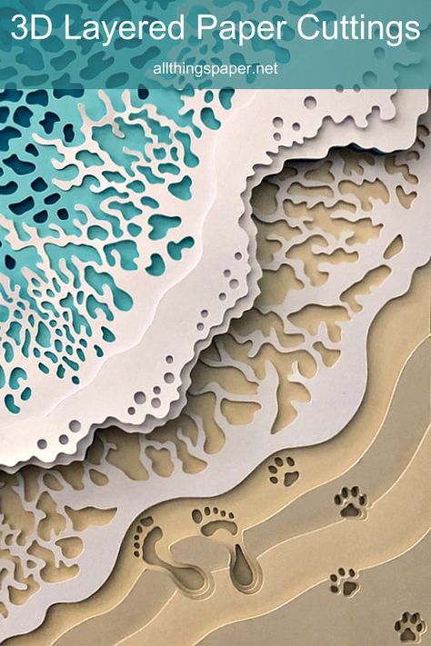 beach scene layered paper cutting with waves breaking at shore and footprints and dog pawprints in the sand Paper Cutout Effect, Woodworking Templates, Laser Cut Decor, Cut Paper Illustration, Arte Quilling, Laser Cut Paper, Paper Art Sculpture, Cut Out Art, Laser Cut Wood Crafts