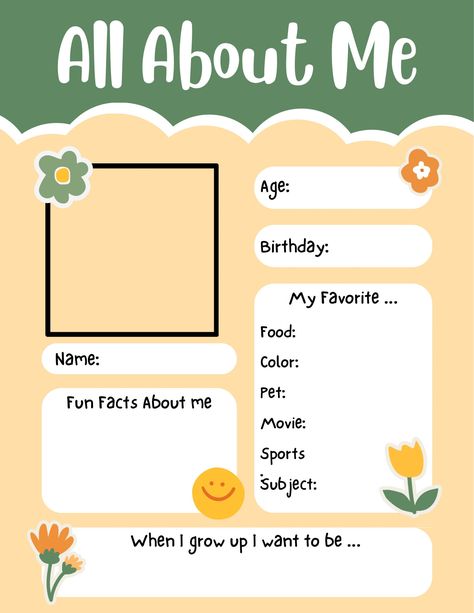 This worksheet is a perfect way to get to know the new student you have in class or a fun project to start the school year off with! The kids have the chance to tell you and others all about themselves through their own eyes! About Yourself Worksheet, All About Me Kindergarten Activities, Tell About Yourself, About Me Worksheet, Me Worksheet, Tell Me About Yourself, All About Me Printable, All About Me Worksheet, New Student