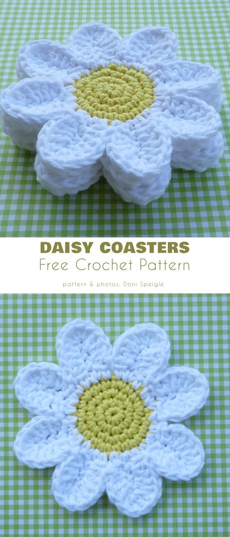 daisy coasters Crochet Hobby, Tote Crochet, Crochet Coasters Free Pattern, Flower Coasters, Crochet Coaster Pattern, Crochet Daisy, Crochet Design Pattern, Crochet Kitchen, Crochet Flower Tutorial