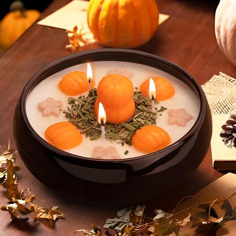 PRICES MAY VARY. Scented with warm, inviting pumpkin spice and decorated with wax leaves, mini pumpkin & dried mint leaves. Enjoy a burn time of up to 40 hours from our 7oz candle, cauldron measures 6''L X 6''W X 3''H. Made with 100% natural soy wax, eco cotton wicks and high quality fragrance oil. Celebrate the fall season with this elegant and luxurious candle, the perfect thoughtful gift for yourself or loved ones. It's finally fall! This beautiful pumpkin patch candle is a great addition to Specialty Candles, Autumn Candle, Beautiful Pumpkins, Leaves Candle, Pumpkin Candles, Decor Thanksgiving, Aesthetic Decor, Halloween Candles, Theme Halloween