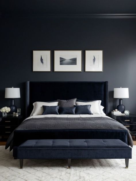 Dark Moody Accent Wall, Moody Accent Wall, Dark And Cozy Bedroom, Accent Furniture Bedroom, Dark And Cozy, Colonial Bedroom, Navy Bedrooms, Navy Blue Bedrooms, Grey Accent Wall