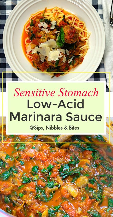 My Marinara Sauce recipe is foolproof, simple and straight forward, but like all tomato sauces, it is acidic. I have several people in my family sensitive to acidic foods and so I have developed a few life hacks to help neutralize the acids in our diet. #gerd #lowacidrecipe #marinarasauce #acidreflux #lowaciddiet #pasta #sensitivestomach #dinner #recipe #mealprep #italian #italy #Mushroomsauce #heartburn #antacid #alkalinediet #glutenfree #stomach #health #healthy #healthygut #weightloss Non Acidic Tomato Sauce, Gerd Vegetarian Recipes, Non Acidic Pasta Sauce, Gerd Friendly Pasta Recipes, Gerd Soup Recipe, Acid Watcher Diet Recipes, Gerd Pasta Recipes, Gerd Recipes Dinner Reflux Diet, Gerd Snacks