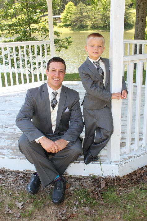 Groom and ring bearer in their matching grey suits! Groom And Ring Bearer, Grey Suits, Gray Suit, Ring Bearer, Ring, Grey