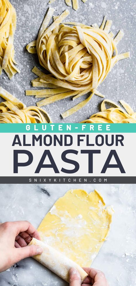 This homemade pasta is a main dish you don't want to miss! It's a gluten-free pasta dough. With a silky texture and a hint of sweet flavor notes, this almond flour pasta recipe is perfect with your favorite sauce. Save this family dinner idea for tonight! Coconut Flour Pasta, Almond Flour Pasta Recipe, Gluten Free Pasta Dough, Almond Flour Pasta, Homemade Gluten Free Pasta, Grain Free Pasta, Sugar Free Pancakes, Homemade Pasta Dough, Pasta Dough Recipes