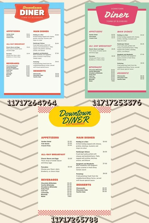 Bloxburg Diner, Decals For Bloxburg, Restaurant Layout, Diner Menu, Diner Sign, Bloxburg Decals Codes Aesthetic, Preppy Decal, School Decal, Diner Restaurant