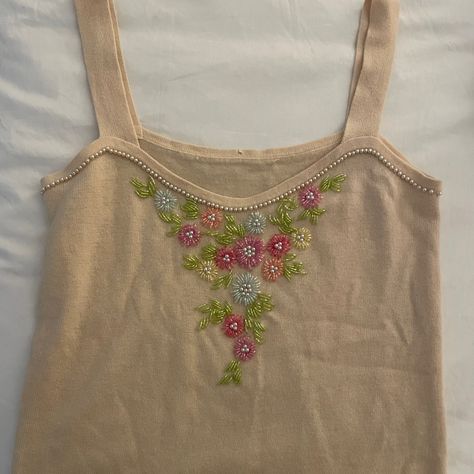 Tan Colored Cashmere Cami With Delicate Bead Design. Pearl Stitching. Can Fit Size Xs/S. Never Worn. Bead Embroidery Tank Top, Pink Bead Embroidery, Bead Embroidery On Clothes, Crochet Clothes With Beads, Beaded Tank Top, Flower Bead Embroidery, Embroidery Beads Tshirt, Embroided T Shirts, Beaded Embroidery Designs