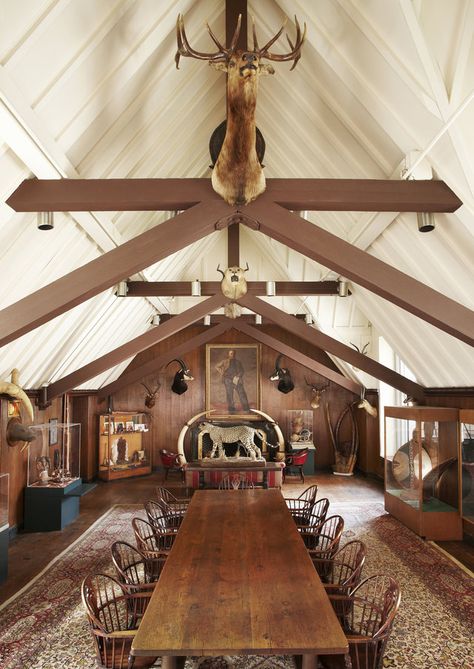 Explorers Club Aesthetic, German Hunting Lodge, Explorer Aesthetic Decor, Explorer Room, Hunting Lodge Interiors, Lodge Interiors, African Lodge, Hunting Club, Explorers Club