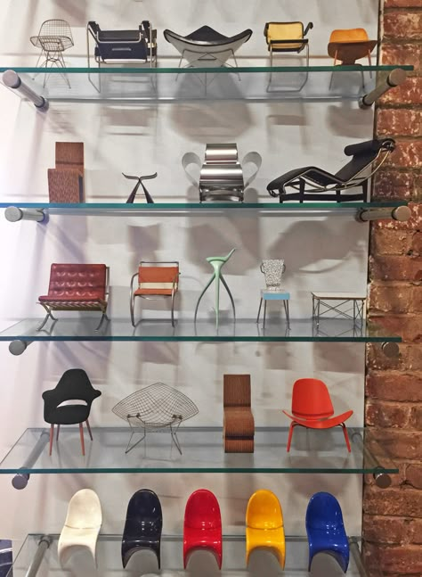 This Is What a $20,000 Model Chair Collection Looks Like | Architectural Digest Vitra Miniature, Model Furniture, Mini Chair, Shelves Ideas, Miniature Chair, Chair Collection, Furniture Logo, Eames Chairs, Diy Chair