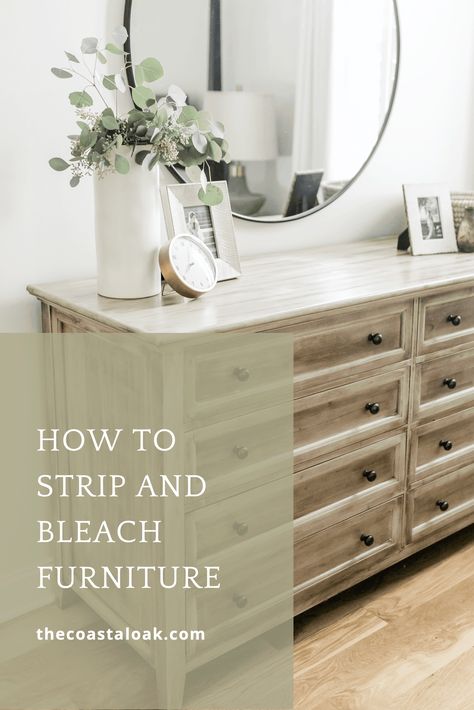 How to strip and bleach furniture to obtain a raw wood finish. This tutorial uses Citristrip and bleach to refinish dark pottery barn furniture into a natural wood finish. #refinishingfurniture #refinishedfurniture #citristrip #naturalfinish #rawwood #bleachingfurniture #strippingfurniture #potterybarn #potterybarndresser #hudsondresser #naturalwood #naturalfurniture #driftwoodfinish Bleach Furniture, Dark Pottery, Raw Wood Furniture, Pottery Barn Furniture, Stripping Furniture, Bleached Wood, Natural Furniture, Diy Furniture Renovation, Furniture Rehab