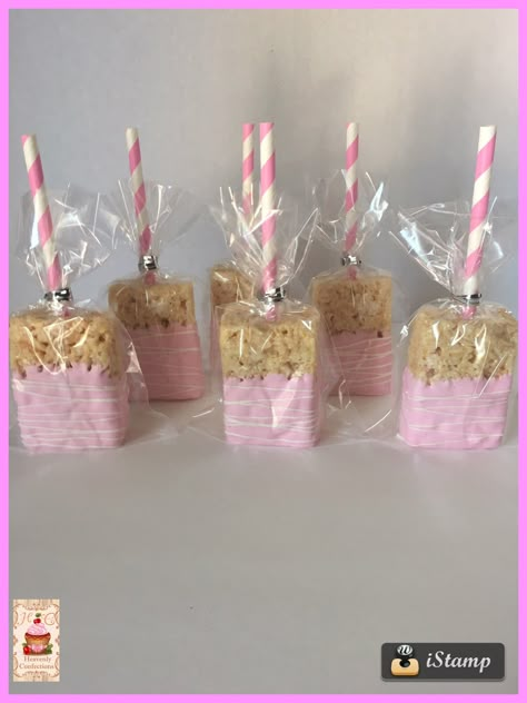 Pink dipped rice krispy treats. Strawberry Theme Rice Krispie Treats, Rice Krispie Treats Favors, Pink Birthday Treat Ideas, Small Pink Birthday Party, Rice Krispie Treats For Wedding, Hello Kitty Rice Crispy Treats, Pink Rice Crispy Treats, Pink Snack Table, Rice Krispie Treats Pink