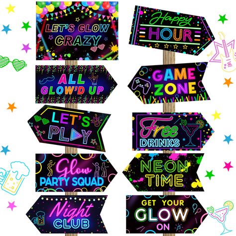 PRICES MAY VARY. Paper Includes 20 neon signs in 10 fun styles for versatile decorative needs at glow parties Made of lightweight, odorless paper with bright, vibrant neon prints using high definition printing technology Simple to use - just tape up with provided tape for quick and easy decorating Perfect for glow parties, neon themed parties, birthdays, carnivals, dance parties and more Sizes vary from 11 x 7.87 in to 11 x 5.12 in; refer to product for exact dimensions  Features:    Cool and fu Glow Party Entrance, Glow Party Birthday Ideas, Lets Glow Party Ideas, Glow Theme Party Decoration, Glow Dance Party Ideas, Neon Decorations Party, Neon Theme Party Decorations, Glow Party Ideas For Teenagers, Glow Up Party