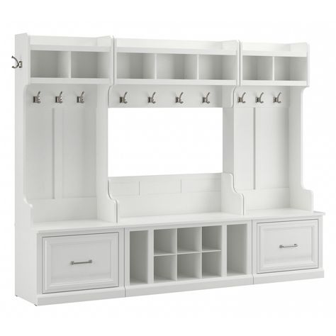 PRICES MAY VARY. Sold as 1 Each. Bundle includes: 40W Shoe Storage Bench with Shelves, 40W Seat Back for Shoe Storage Bench, 40W Wall Mounted Coat Rack with Shelf, 24W Small Shoe Bench with Drawer - Set of 2, 24W Hall Tree with Coat Hooks - Set of 2. Vertical and horizontal cubbies with drawers on each side provide plenty of space to organize footwear and accessories. Transitional design blends elements of contemporary and traditional styling to complement a wide variety of decor styles. Assembl Small Shoe Bench, Narrow Hall Tree, Small Storage Cabinet, Hall Trees, Mudroom Organization, Bench With Drawers, Coat Rack Shelf, Entryway Bench Storage, Ireland Homes