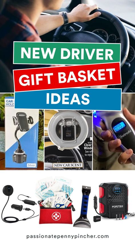 Gift Box For New Car, How To Gift A Car For Birthday, Gifts For A New Driver Ideas, Ups Driver Gift Ideas, New Car Gift Basket Girl, Car Themed Gift Basket, Care Package For Truck Driver, First Time Driver Gift Basket, Gifts For New Drivers Guys