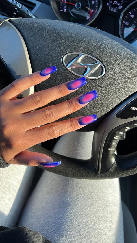 blue and pink aura nails Pink To Blue Nails, Blue Pink Aura Nails, Magenta Aura Nails, Royal Blue And Purple Nails, Pink & Blue Nails, Pink And Dark Blue Nails, Blue And Purple Nail Ideas, Blue And Pink Aura Nails, Pink And Blue Aura Nails