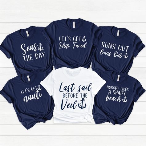 Set sail for the ultimate bachelorette adventure with our Nautical Theme Bride Squad shirts! Perfect for the bride-to-be who's ready to embark on a journey into married life, these tees are a stylish and sea-worthy addition to your nautical-themed celebration. Whether you're the 'Last Sail Before the Veil' or embracing your inner sailor as the 'Nauti Bride,' these tees are the perfect blend of seaside chic and bridal flair. Shirts are machine wash only, avoid the dryer and direct heat. *IF YOU PURCHASE 5 OR MORE SHIRTS USE SHIPPING CODE 'BACH5' FOR FREE SHIPPING --------------------------------------------------------------------------------------------------------------- Thank you for visiting my shop! If you have any questions, please send me a message. ♡ We love seeing photos of you wea Last Sail Before The Veil Bachelorette Shirts, Cruise Bachelorette Shirts, Last Sail Before The Vail Bachelorette, Last Sail Before The Veil Bachelorette, Sailor Bachelorette Party, Nautical Theme Bachelorette Party, Nautical Bachelorette Party Shirts, Bride Squad Shirts, Cruise Bachelorette Party